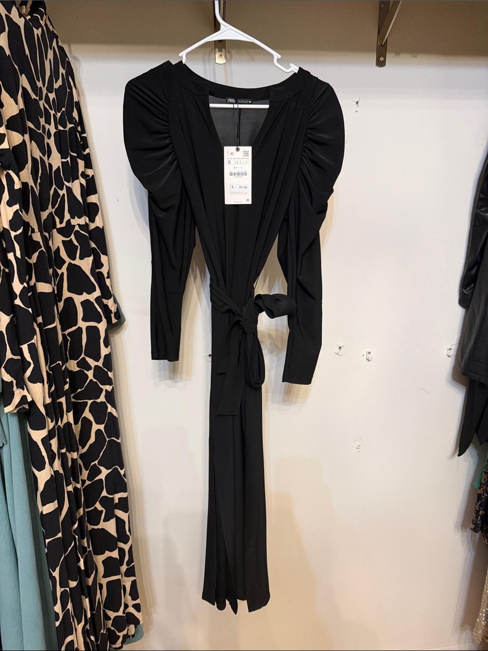 Zara Black Long-Sleeve Wrap Dress with Puff Shoulders